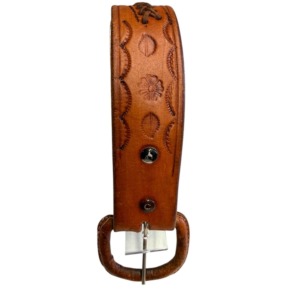 Vintage Hand Tooled Leather Belt Brown Braided Floral Stamped Western Boho 34 - Picture 2 of 6